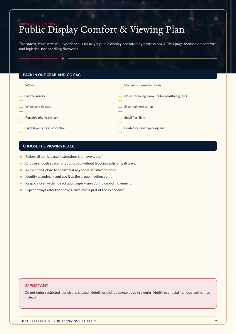 Public fireworks viewing plan page from The Perfect Fourth guide