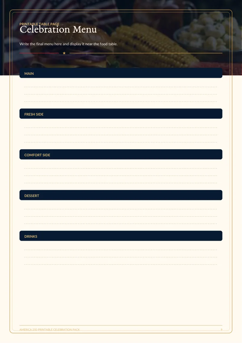 Printable celebration menu page from the America 250 pack