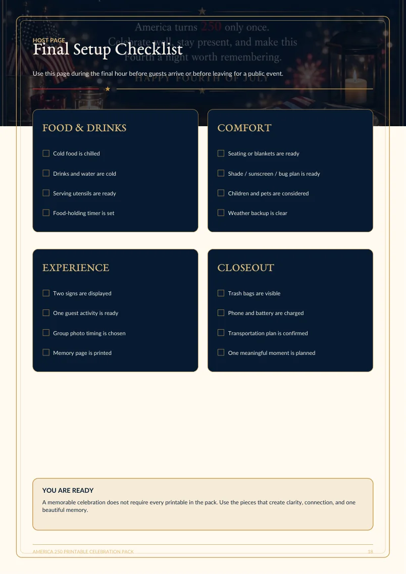 Final setup checklist page from the America 250 printable pack