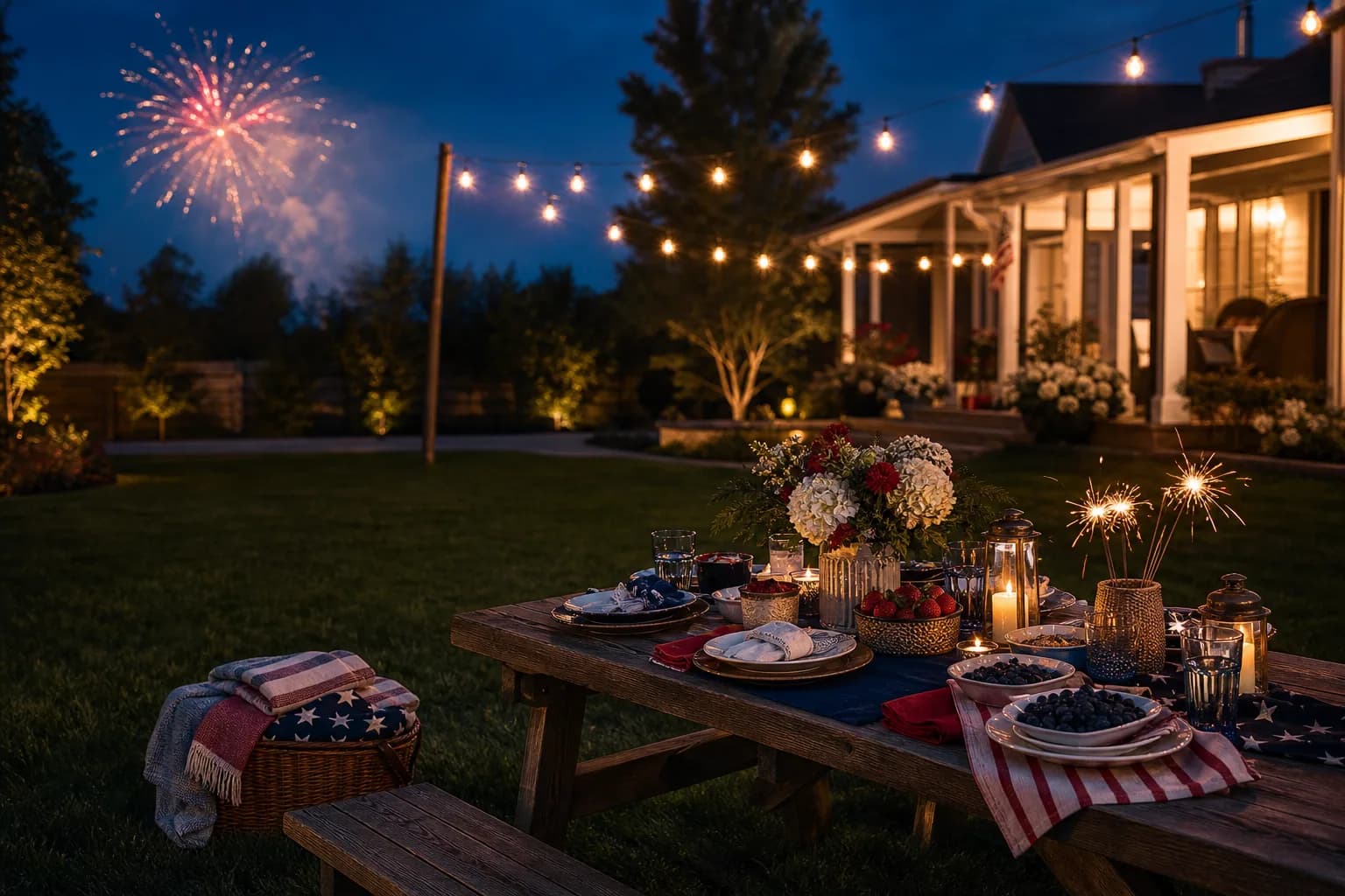 Elegant backyard Fourth of July celebration at blue hour