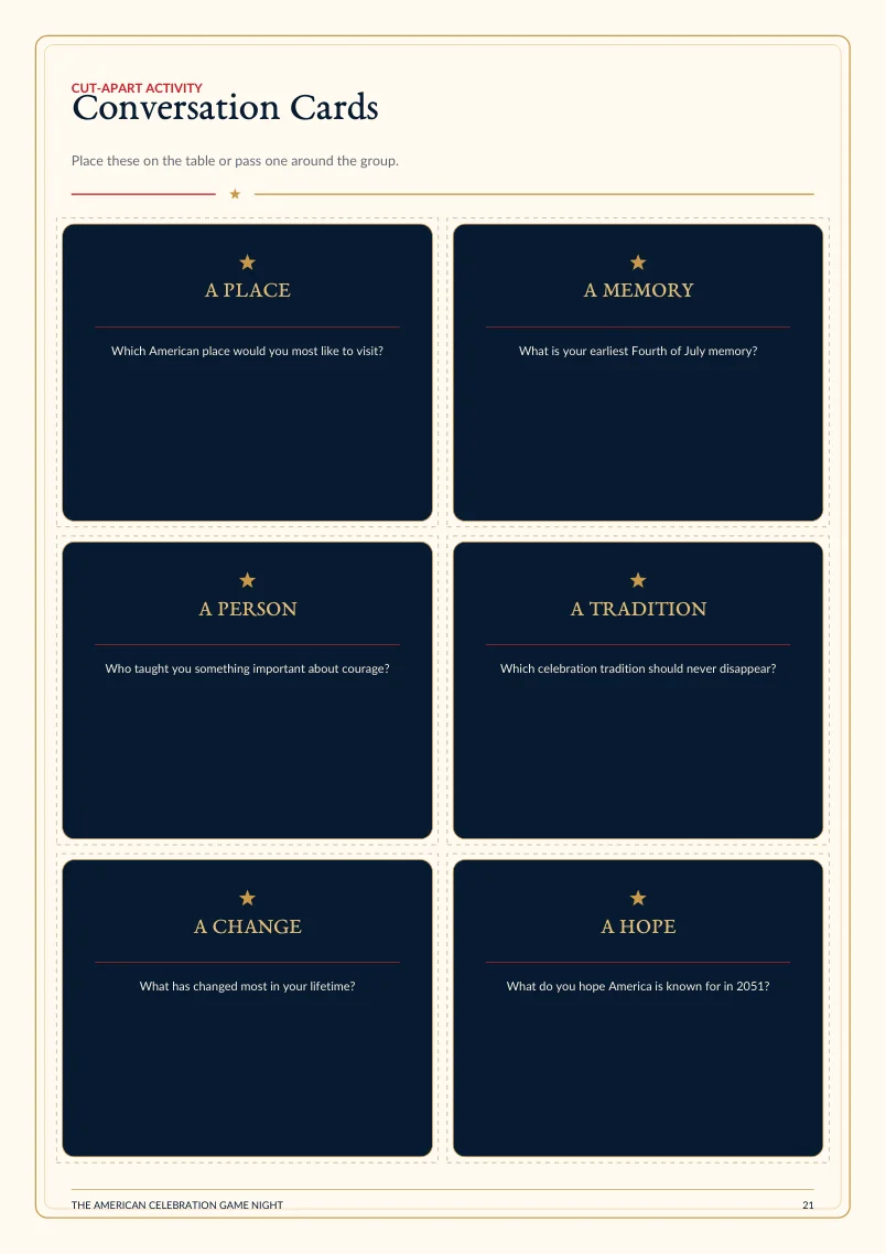 Conversation cards page from The American Celebration Game Night pack