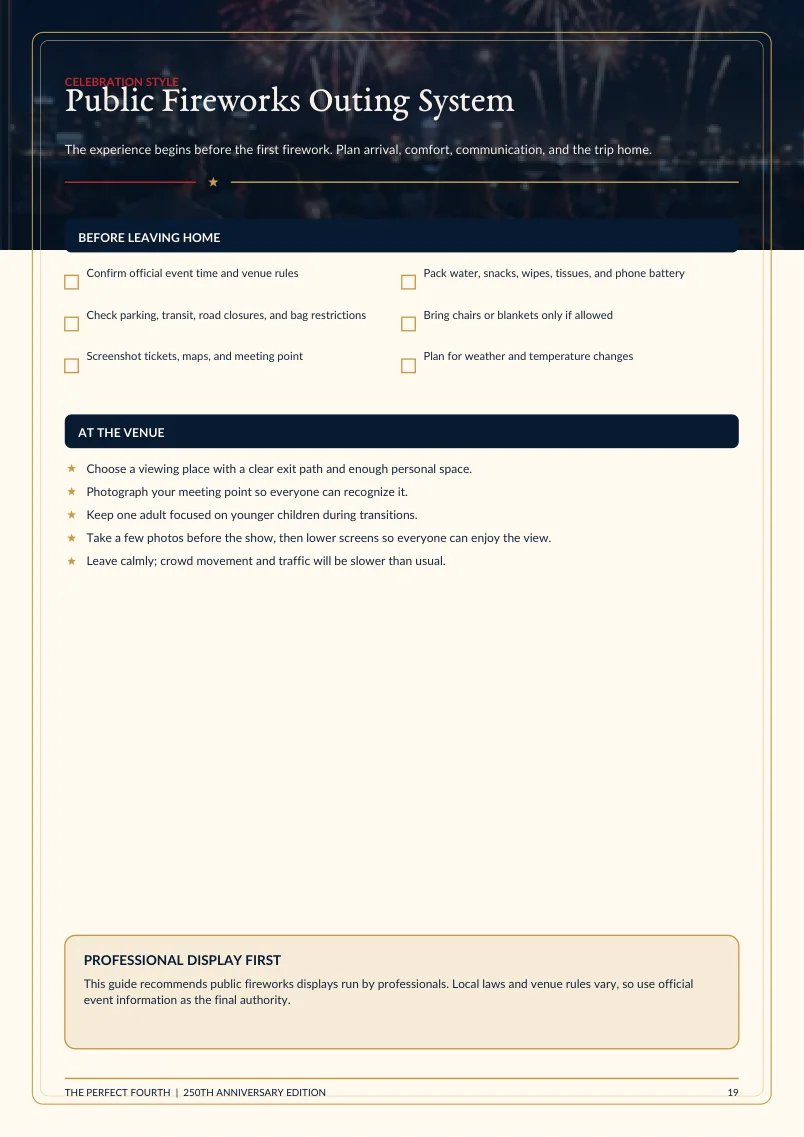 Public fireworks outing planning page from The Perfect Fourth guide