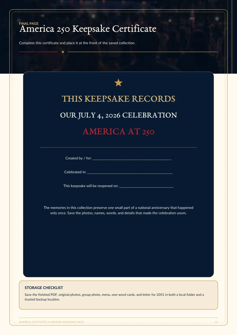 America 250 keepsake certificate page from the memory pack