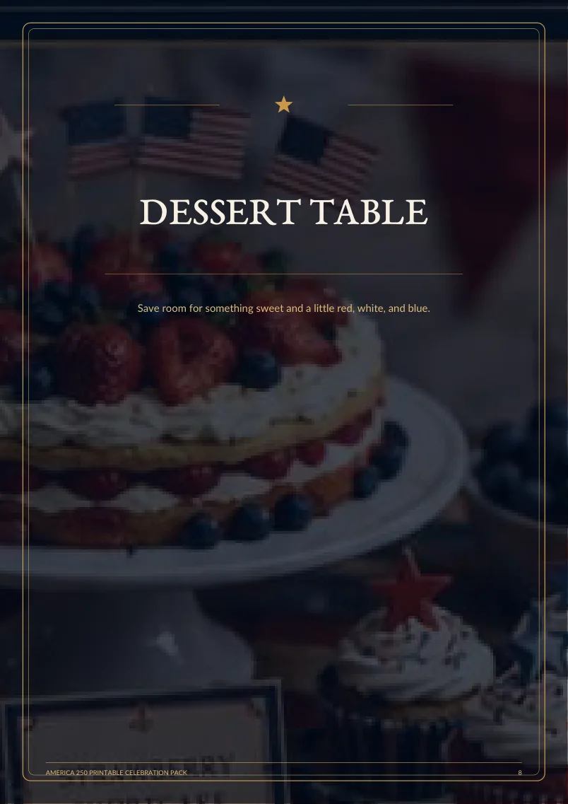 Printable dessert table sign from the America 250 celebration pack